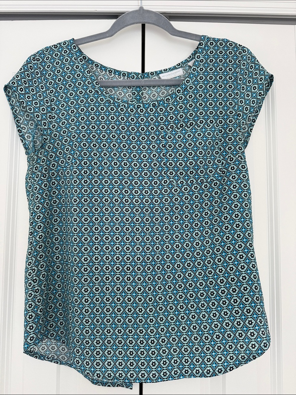 New York & Company Teal and Black Geo Cap-Sleeve Blouse